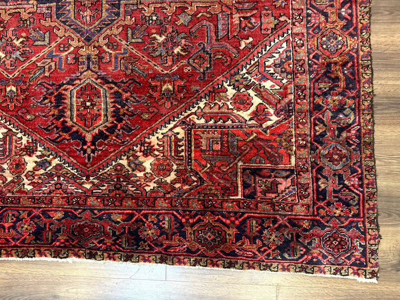 Persian Heriz Rug 7x10, Geometric Pattern, Red Ivory Navy Blue by Jewel Rugs