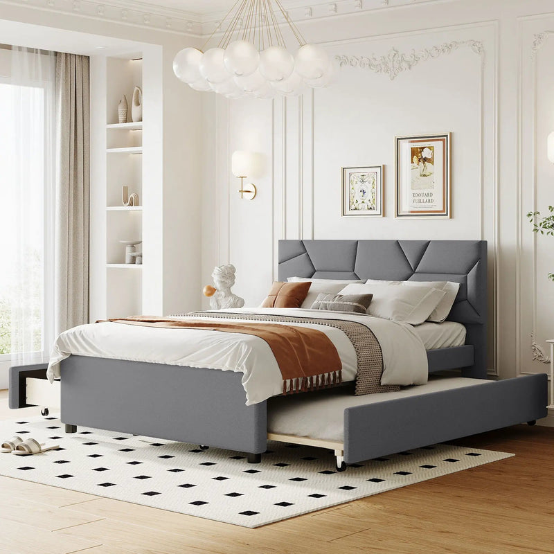 Upholstered Platform Bed With Brick Pattern Headboard And Twin Long Size Trundle by HouseOfZazla