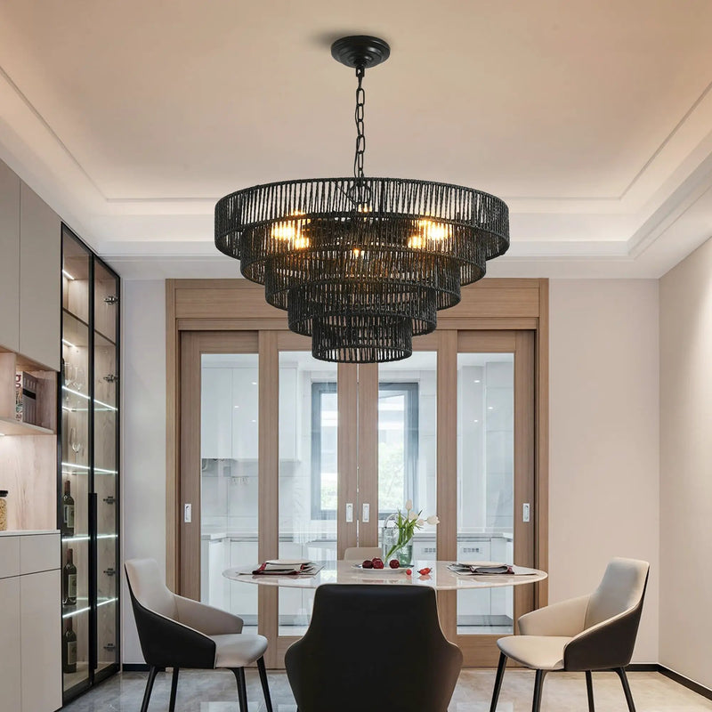 24' Rustic 5-Tier Black Hemp Rope Pendant Light Chandelier by HouseOfZazla