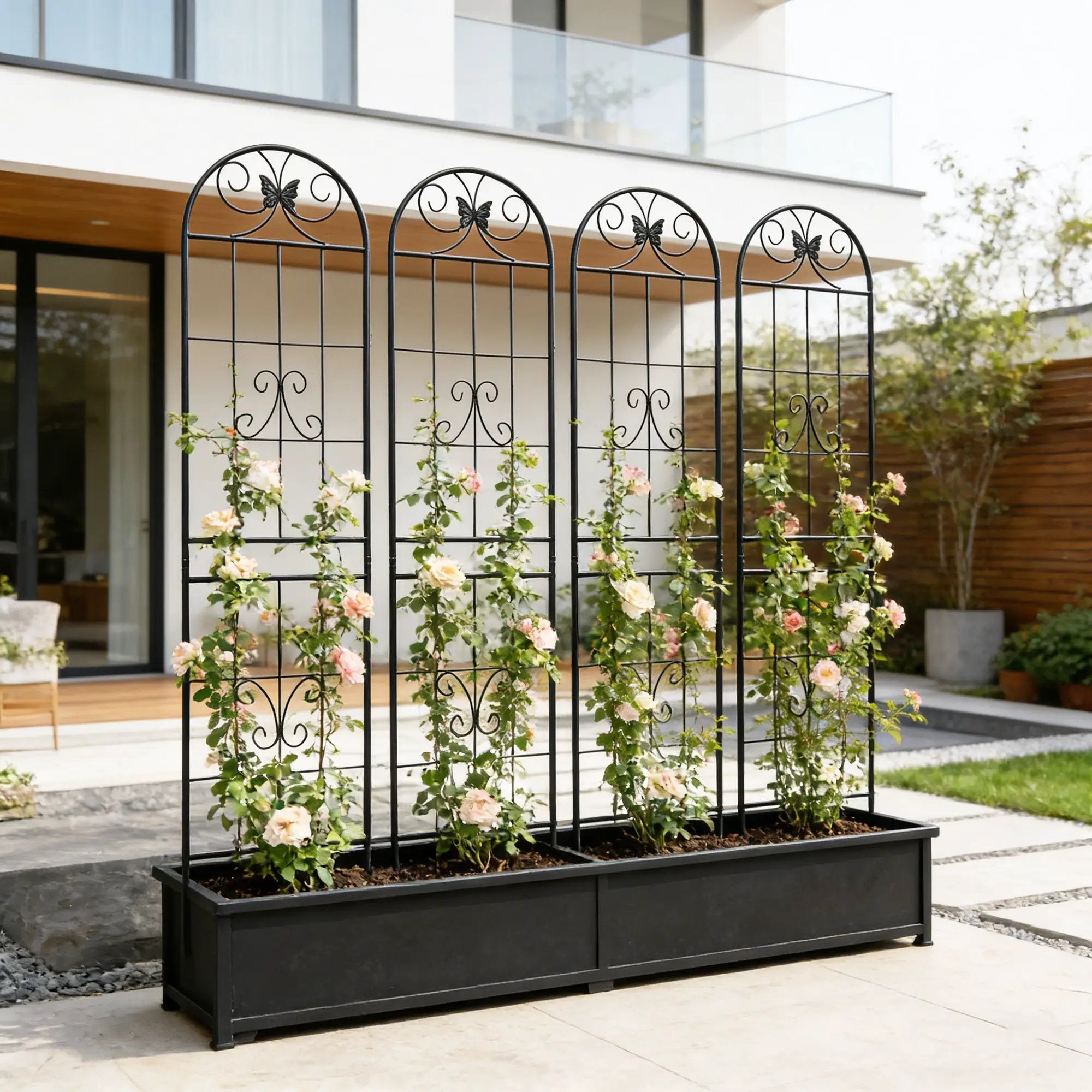 4 Pack Metal Garden Trellis 86.7" x 19.7" Rustproof Trellis for Climbing Plants Outdoor Flower Support Black by HouseOfZazla