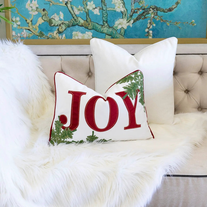 Joy Embroidered Christmas Throw Pillow by HouseOfZazla