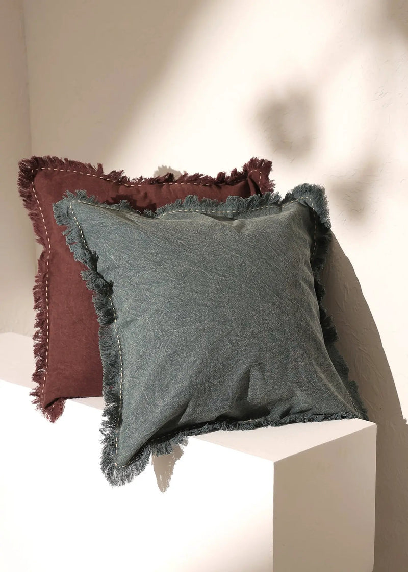 Stonewashed Linen Throw Pillow with Handworked Edges & Fringe - 22x22 by HouseOfZazla