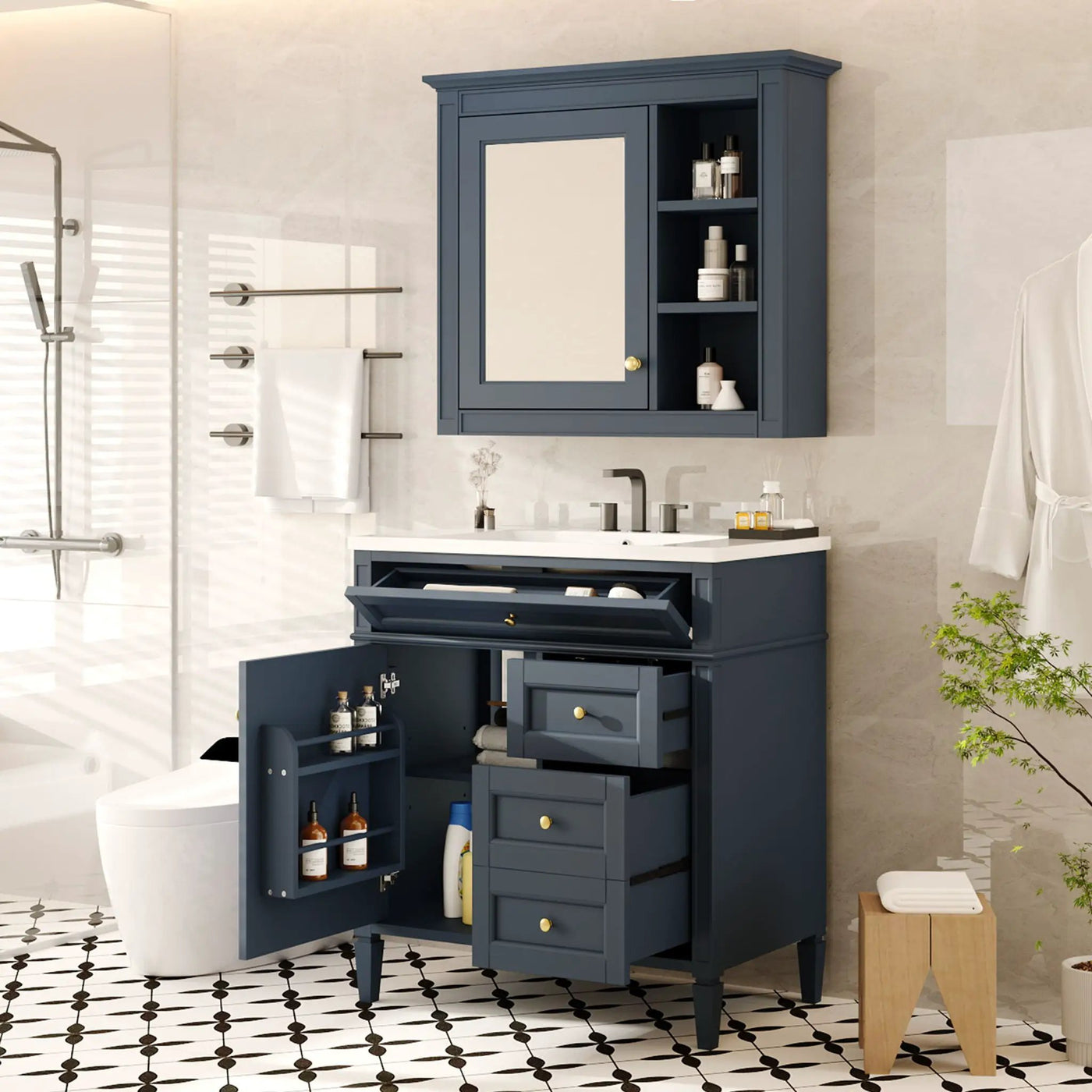 Bathroom Vanity With Top Sink, 2 Doors And 3 Drawers, Freestanding Set With Mirror Cabinet by Unique Piece Furniture