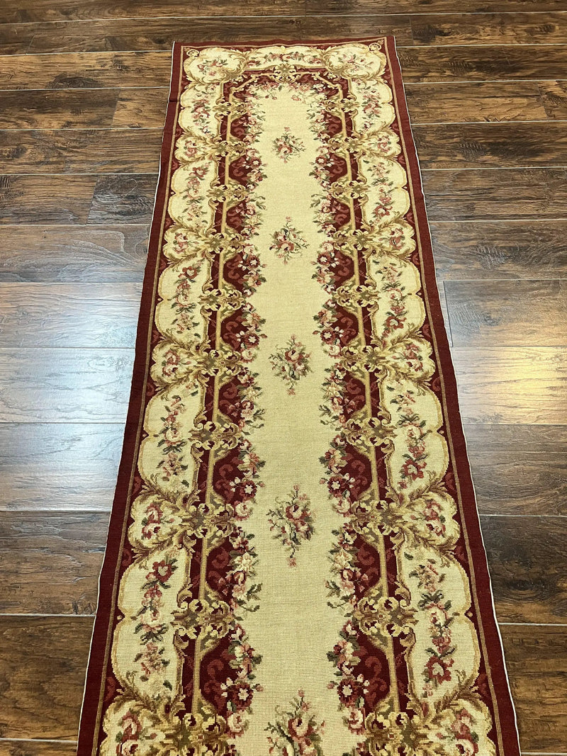 Needlepoint Runner Rug 2.5 x 10.7, Tan Runner Rug, Flatweave Runner, Aubusson European Design, Needlepoint Rug, Long Runner, Hallway Rug by Jewel Rugs
