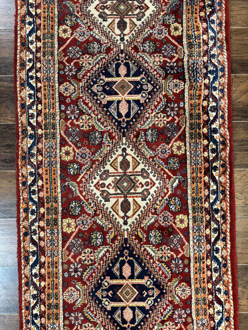 Antique Persian Qashqai Runner Rug 3 x 13 ft, Tribal Runner, Geometric Medallions, Red Ivory Blue, Wool by Jewel Rugs