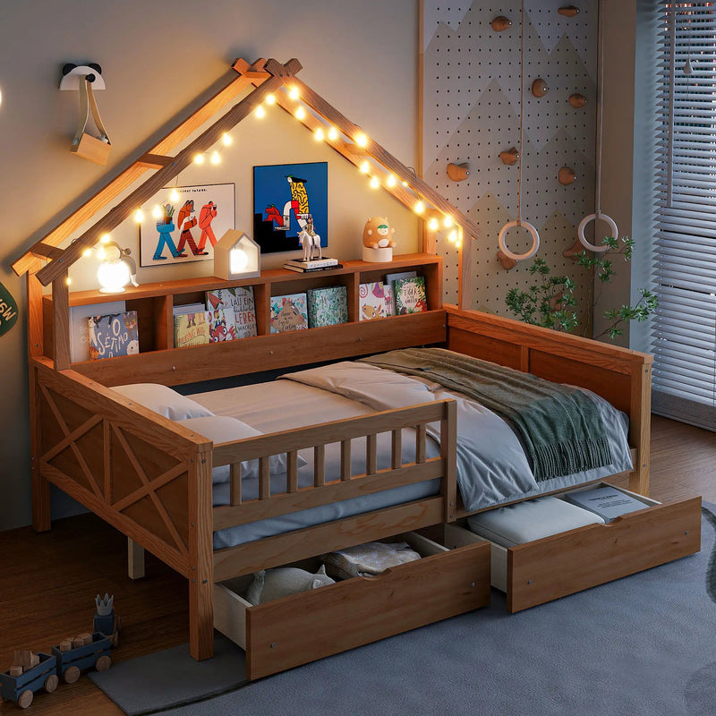 House Style Platform Bed With LED Lights, Storage Shelves, Drawers, And Guardrail by Unique Piece Furniture
