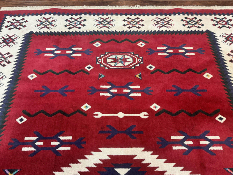 Belgium Power Loomed Rug 8x11, Navajo Native American Design, Dark Red and Ivory, Tribal Rug, Bohemian Carpet by Jewel Rugs