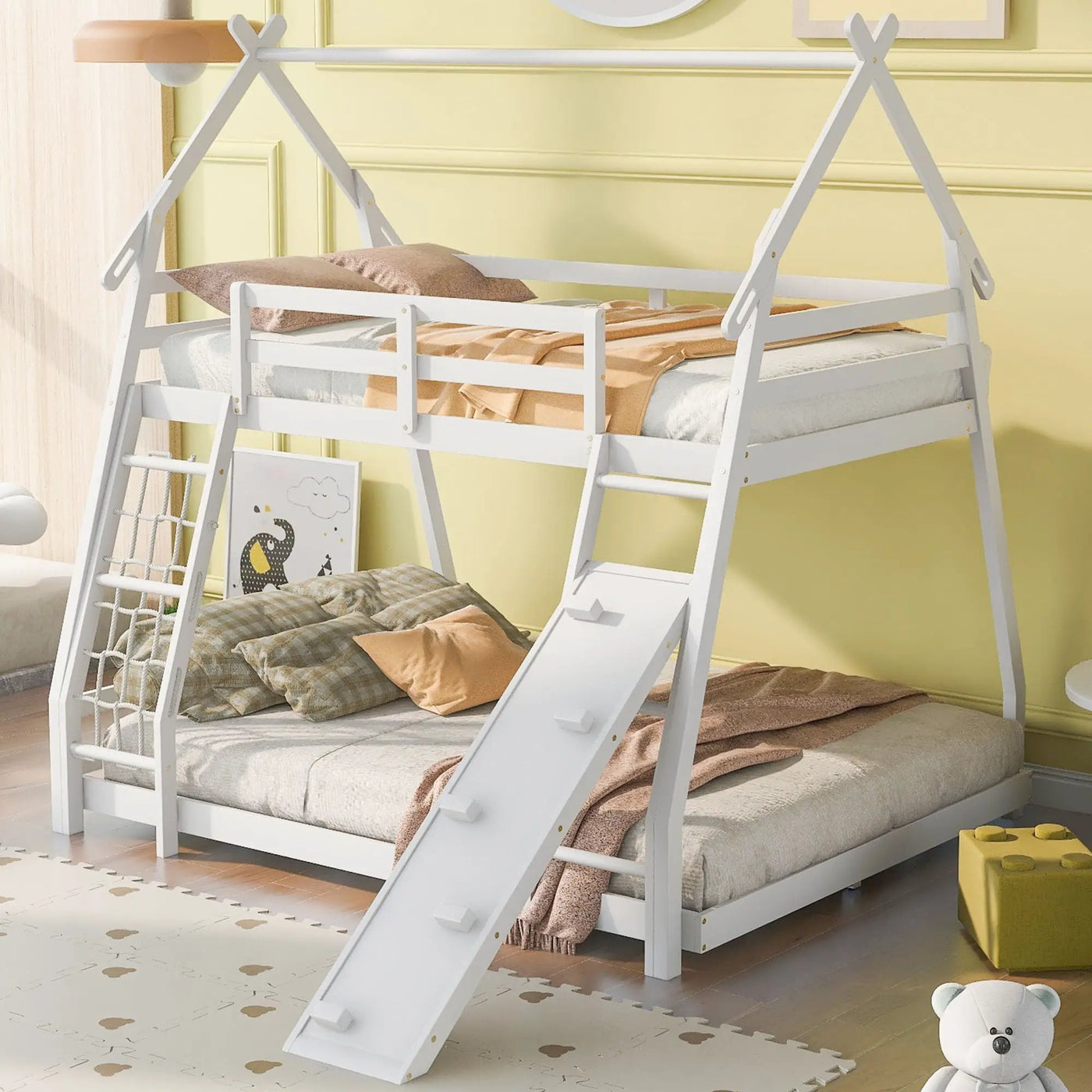 Georgiana - Twin Over Queen House Bunk Bed With Climbing Nets And Climbing Ramp by Unique Piece Furniture