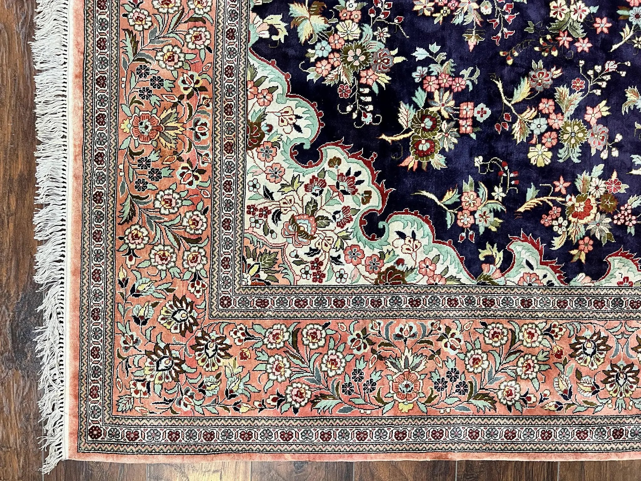 Stunning Silk Persian Qum Rug 7x9, Finely Hand Knotted Navy Blue & Salmon Floral Medallion Authentic Oriental Carpet, Vintage Handmade Silk Ghom Rug, Silk on Silk by Jewel Rugs