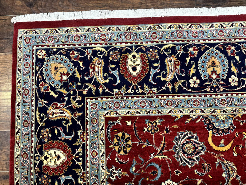 Pak Persian Rug 9x12, Red and Navy Blue, Floral Allover, Hand Knotted Vintage Wool Carpet, Fine 260 KPSI by Jewel Rugs