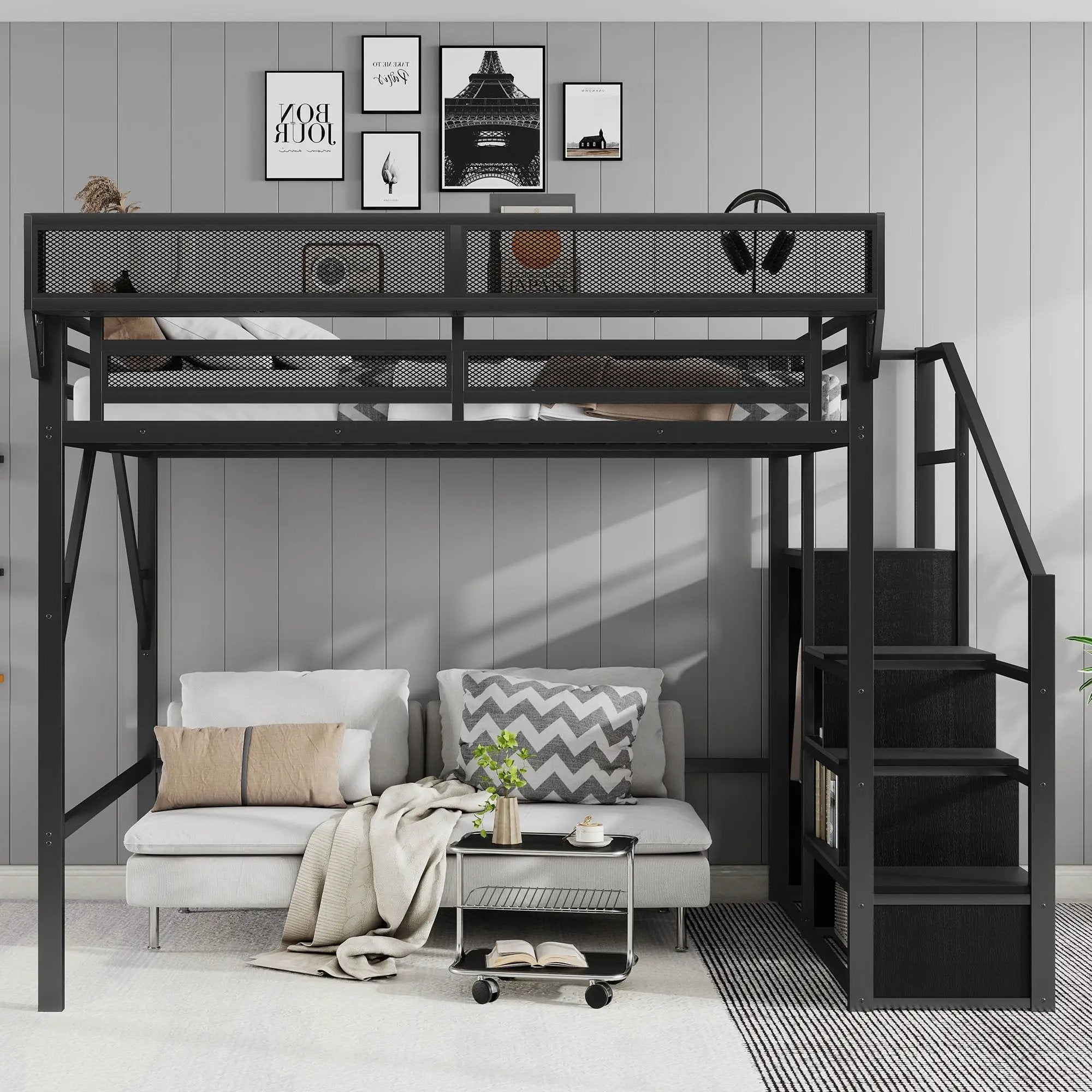 Queen Size Loft Bed With Stairs, Storage Shelves, Wardrobe - Black by Unique Piece Furniture