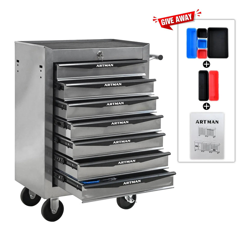 Rolling Metal Tool Chest with 7 Drawers, 20" Cabinet Silver by HouseOfZazla
