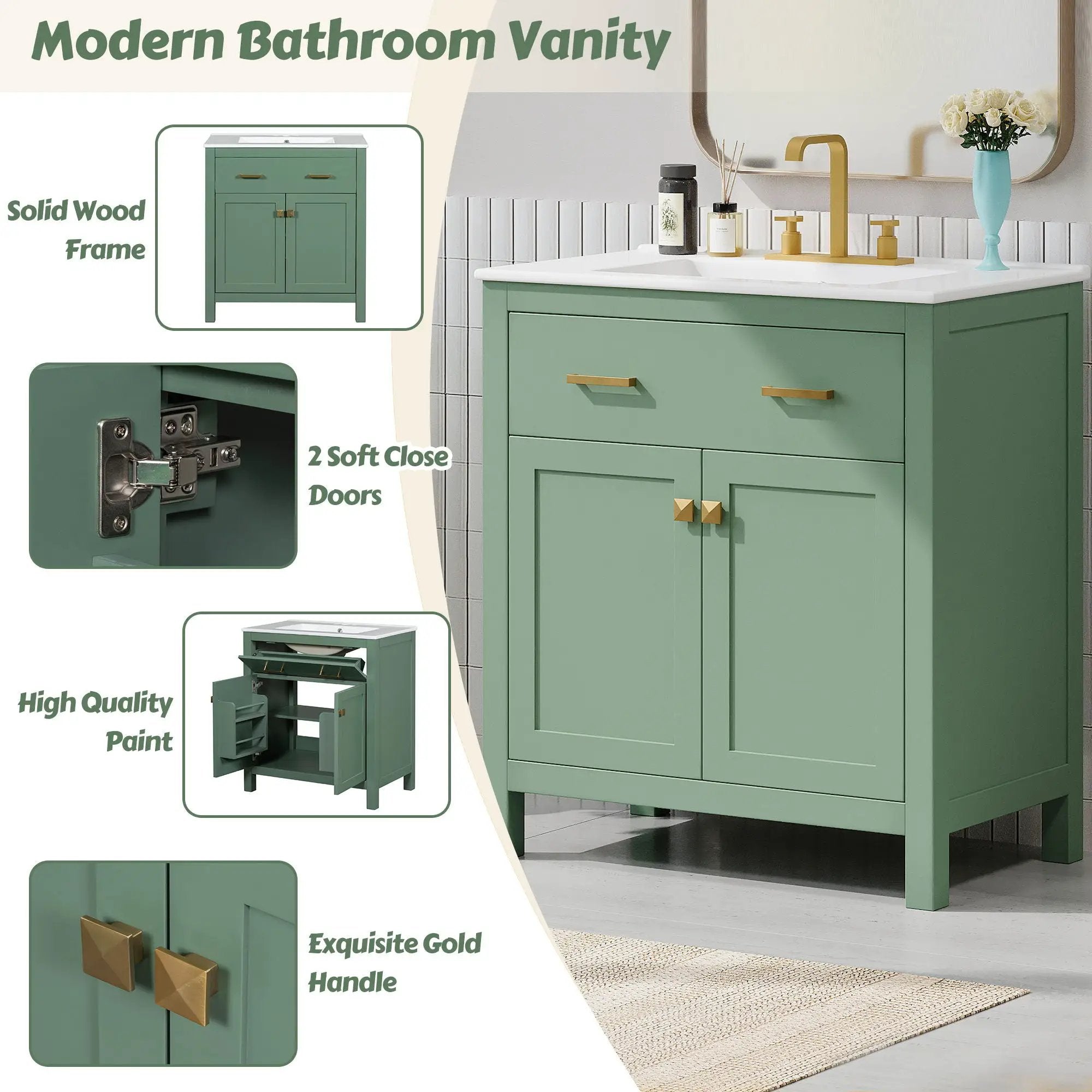 Bathroom Vanity With Ceramic Sink, Modern Single Bathroom Cabinet With 2 Doors And A Shelf, Soft Close Doors by Unique Piece Furniture