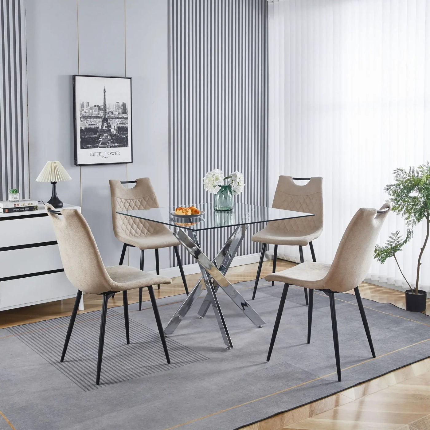 Dining Table With Cross Metal Leg And Tempered Glass, Modern Space Saving Kitchen Table For Living Room Legs, Square Table by Unique Piece Furniture