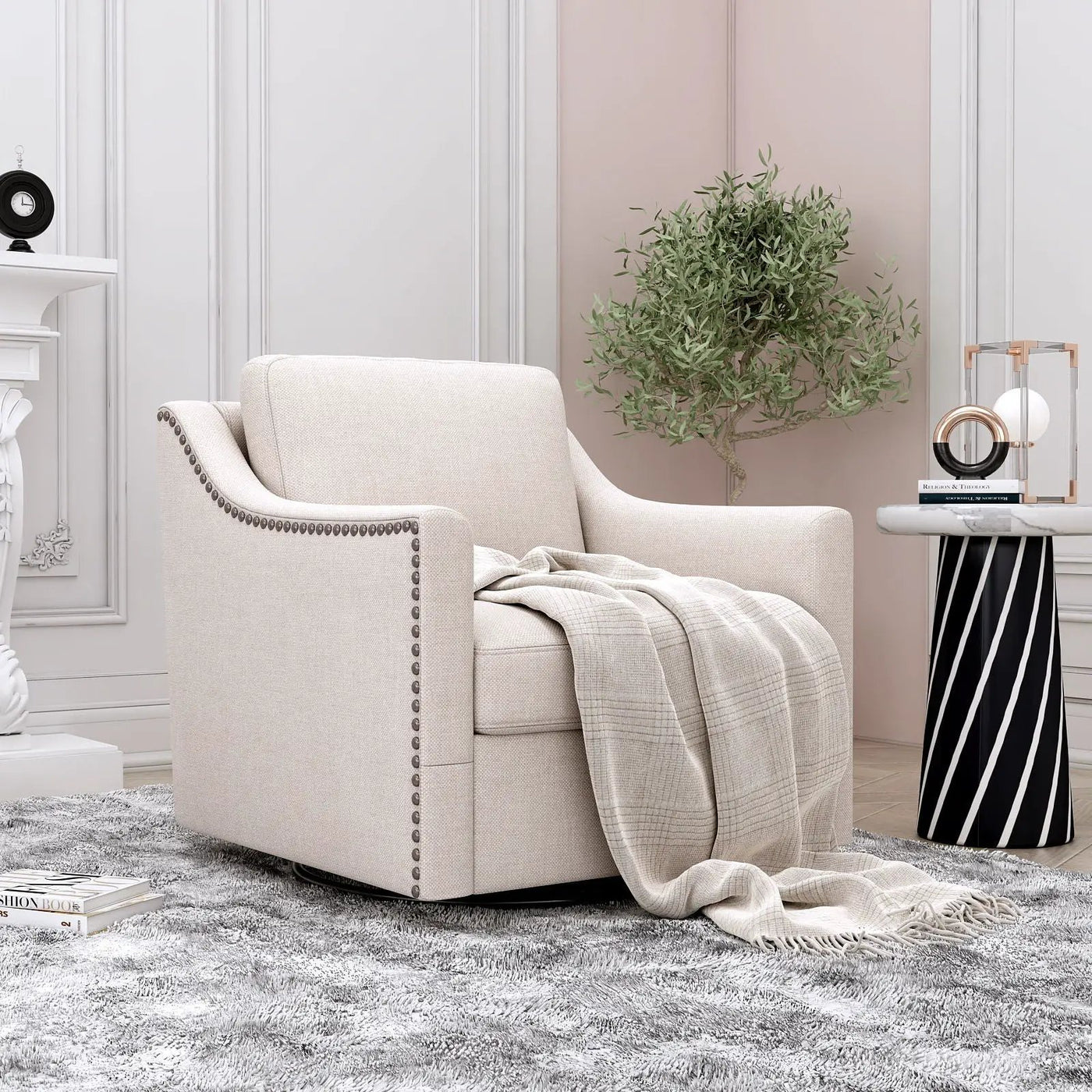 360 Degree Swivel Armchair, Skin Friendly Fabric, Ergonomic Design, Brass Nail Decorative Armchair by HouseOfZazla