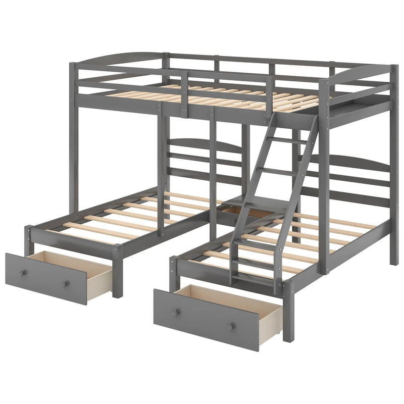 Full Over Twin & Twin Bunk Bed, Triple Bunk Bed With Drawers - Gray by Unique Piece Furniture