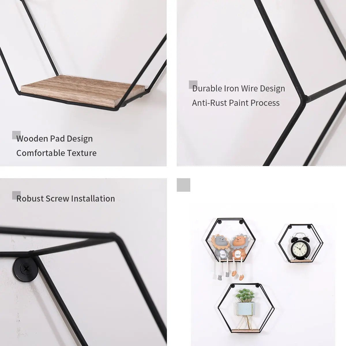 Wall Mounted Hexagonal Floating Shelves - Black (Set of 3) In Different Sizes, Modern Metal Wall Shelf, Simple Wood Partition Storage Shelves, Wall Decor Rack - Natural Wood by Unique Piece Furniture