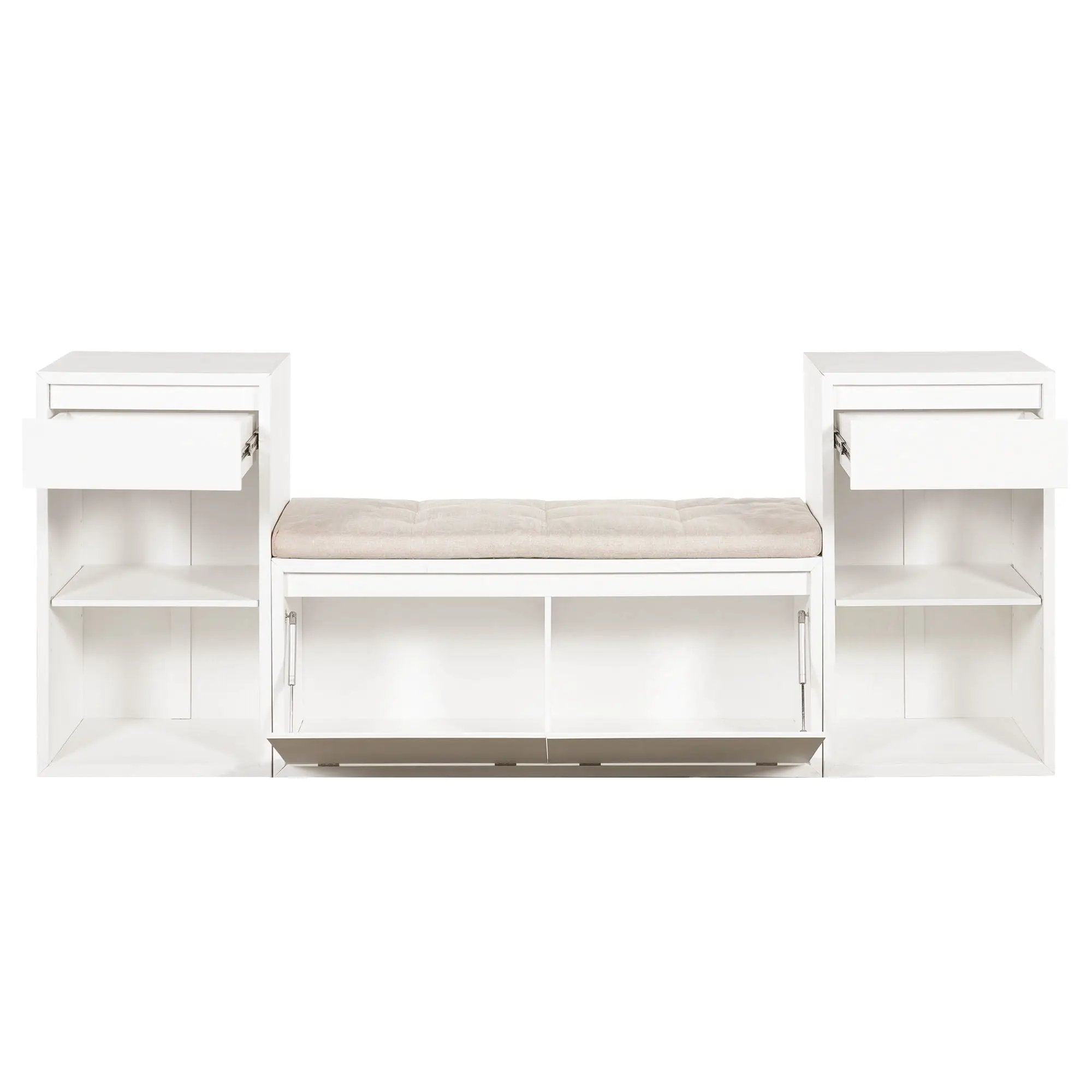 Entryway Storage Bench With Cushion, Drawers & Open Shelves