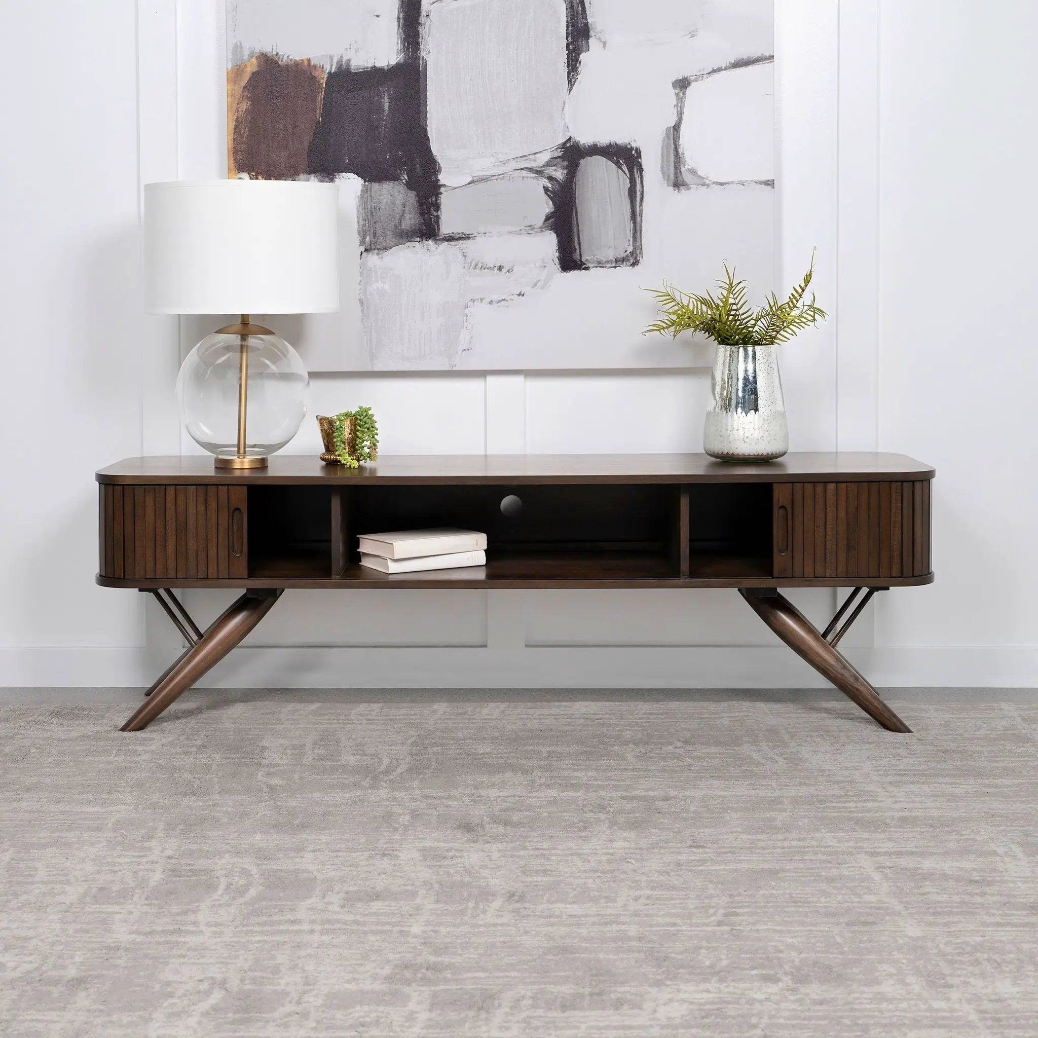 Valna Wood 71-inch TV Stand with Sliding Doors Walnut by Unique Piece Furniture