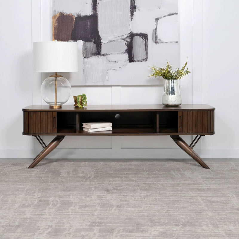 Valna Wood 71-inch TV Stand with Sliding Doors Walnut by Unique Piece Furniture