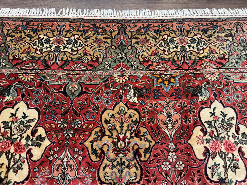 Antique Tabriz Persian Rug 7x10, Red Cream Tan, Unique Design, Fine 270 KPSI, Birds, Floral by Jewel Rugs