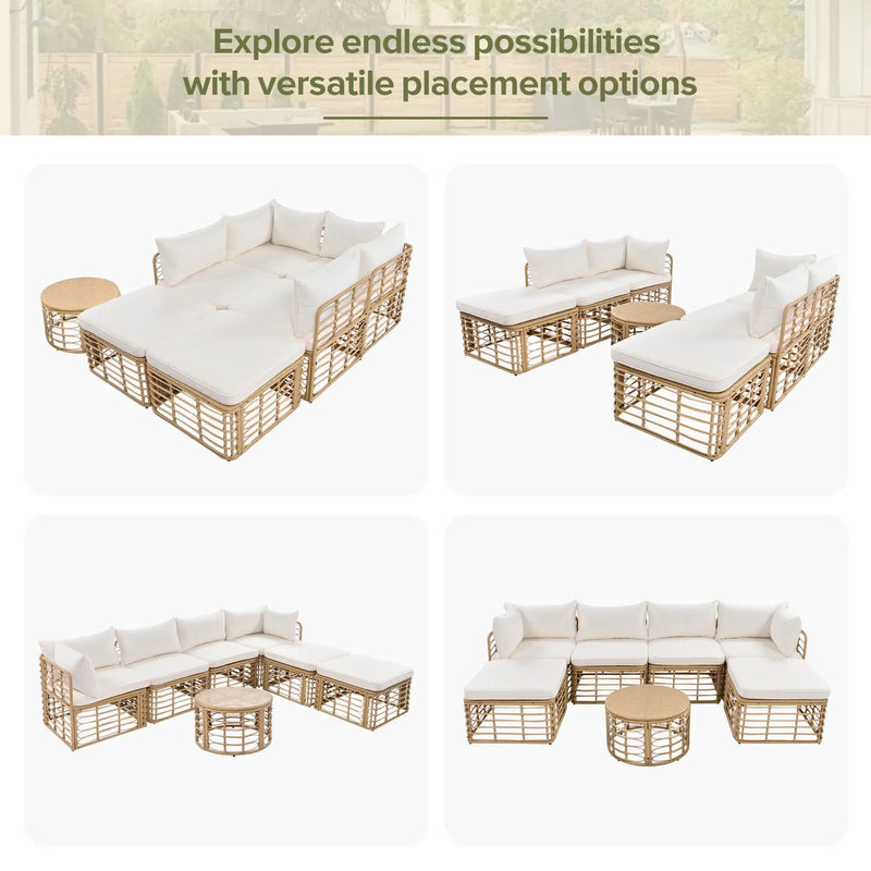 Outdoor Patio Furniture, All-Weather Rattan Sectional Sofa Set With Thick Cushions And Pillows, Freely Combined Conversation Sets For Garden, Backyard, Balcony by Unique Piece Furniture