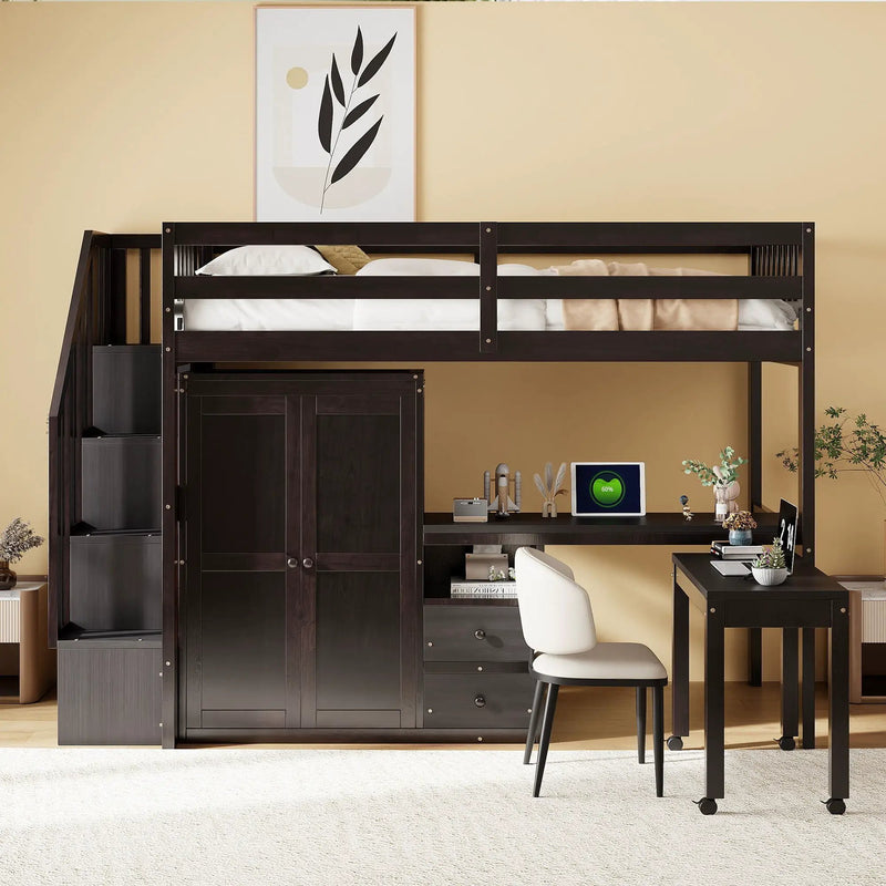 Loft Bed With Stairs, Bookshelf, Drawers, Desk & Wardrobe, Space Saving Multifunctional Furniture by HouseOfZazla