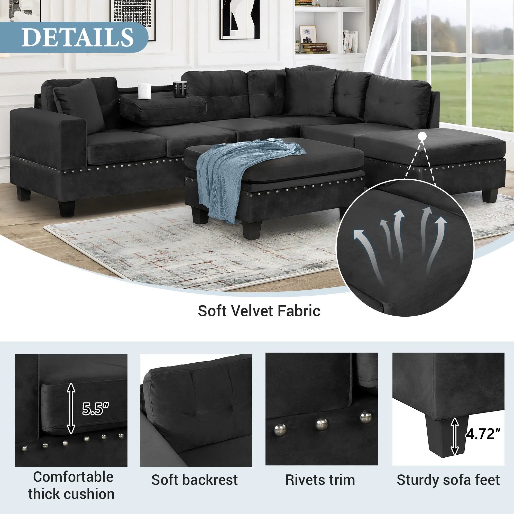 Modern Sectional Sofa With Storage Ottoman, L - Shape Couch With 2 Pillows And Cup Holders by HouseOfZazla
