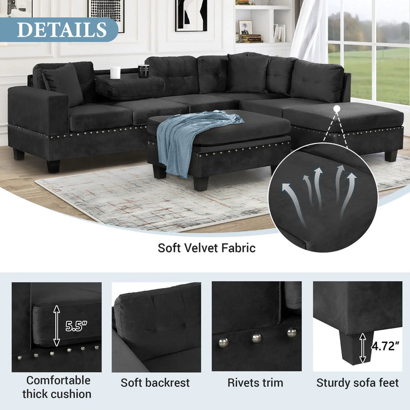 Modern Sectional Sofa With Storage Ottoman, L - Shape Couch With 2 Pillows And Cup Holders by HouseOfZazla