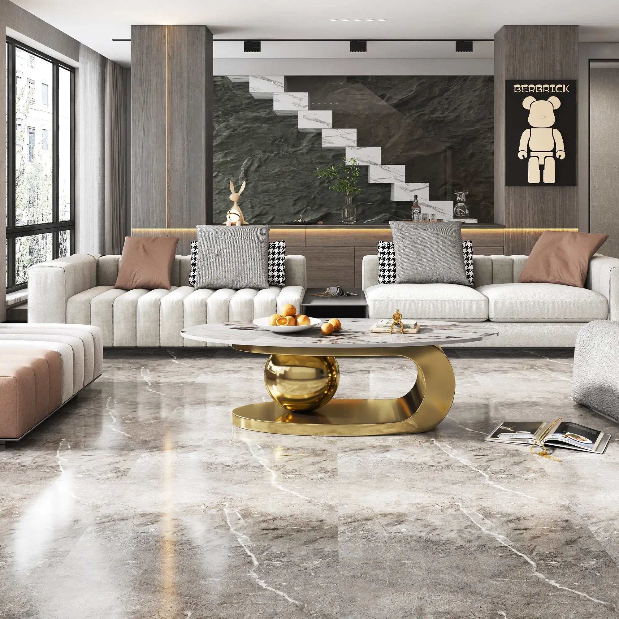 49.2 Inches Oval Faux Marble Coffee Table for Living Room with Stainless Steel Base by HouseOfZazla