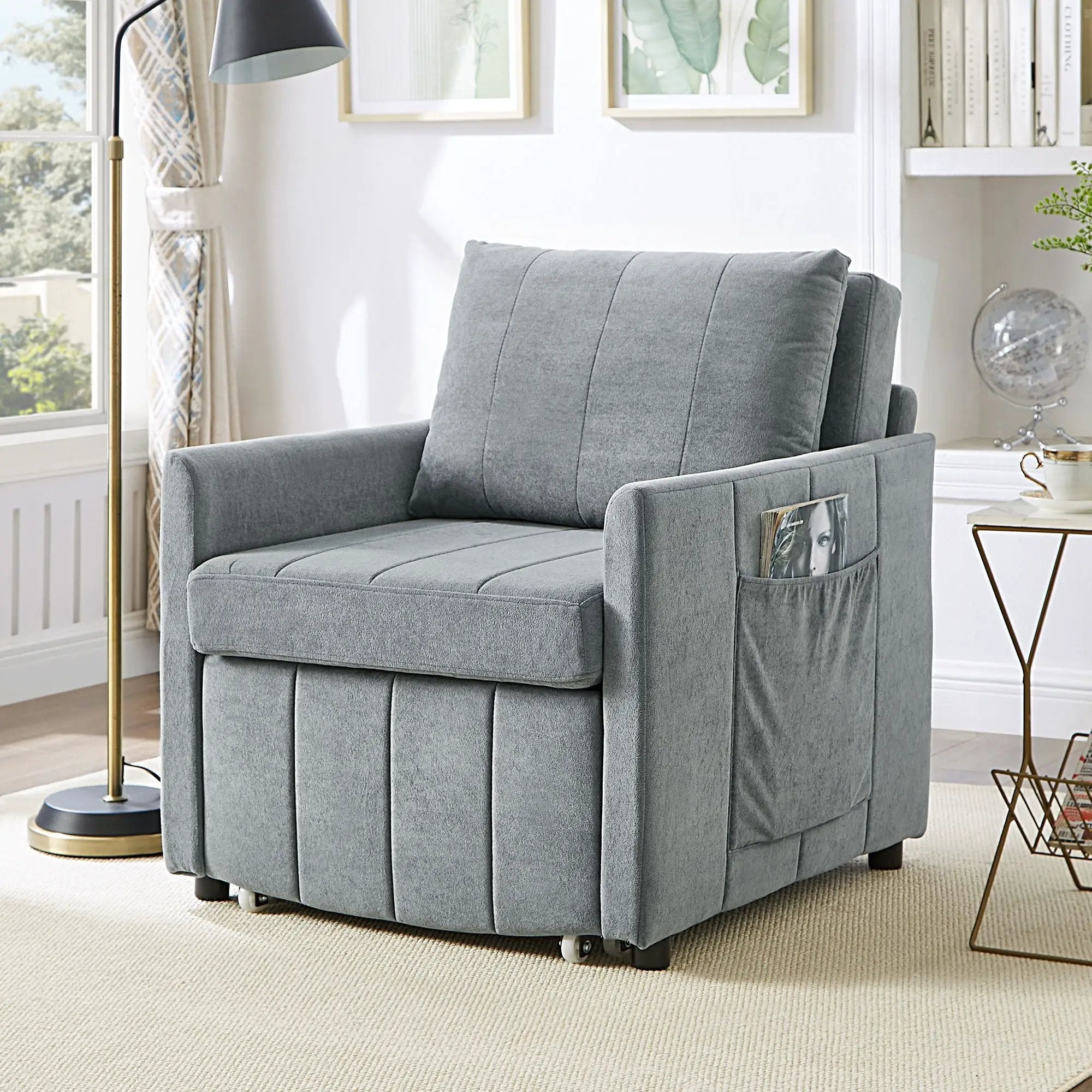Upholstered Convertible Sleeper Sofa With 5 Position Backrest, Side Pockets, Storage