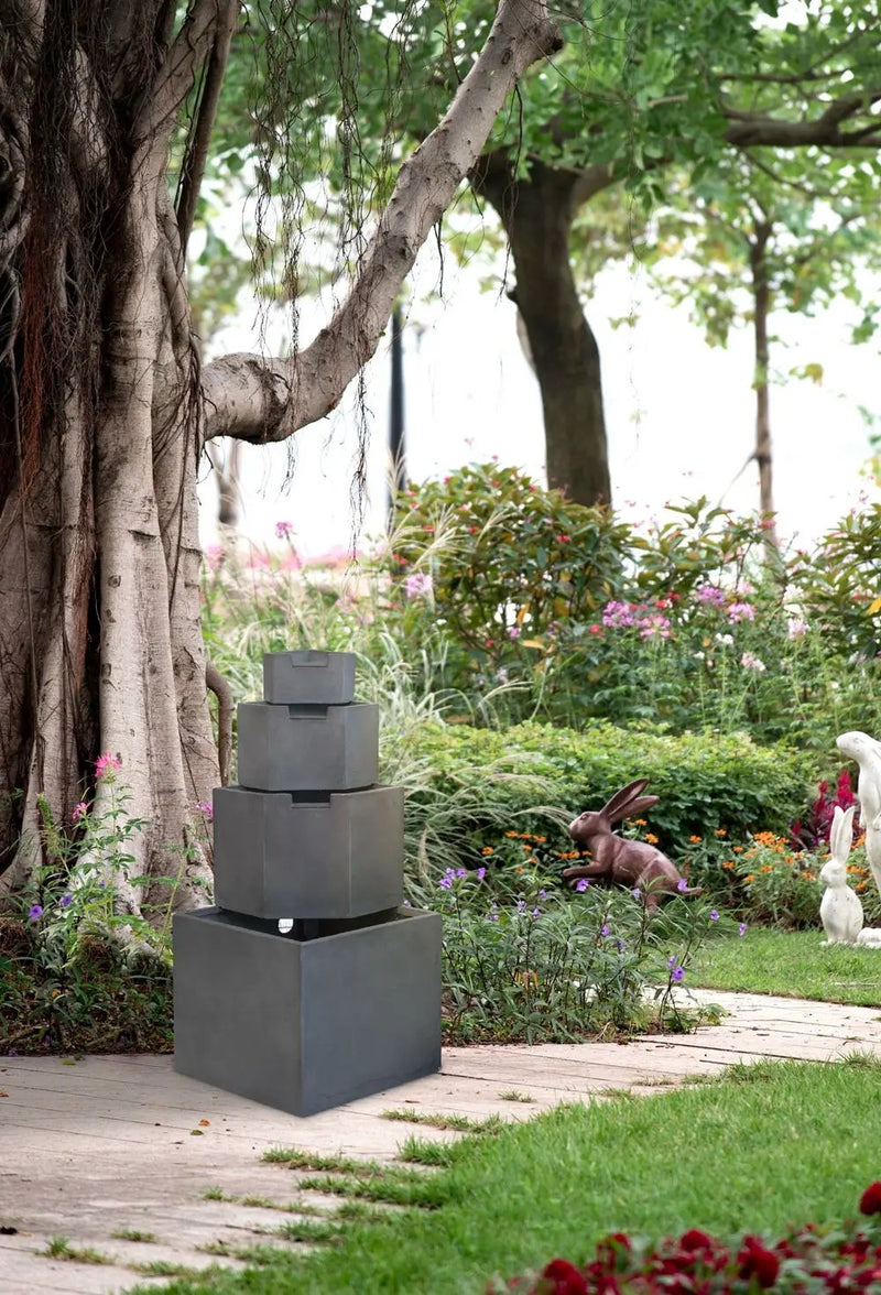 Cement 4 Tier Block Water Fountain Outdoor - Gray by Unique Piece Furniture