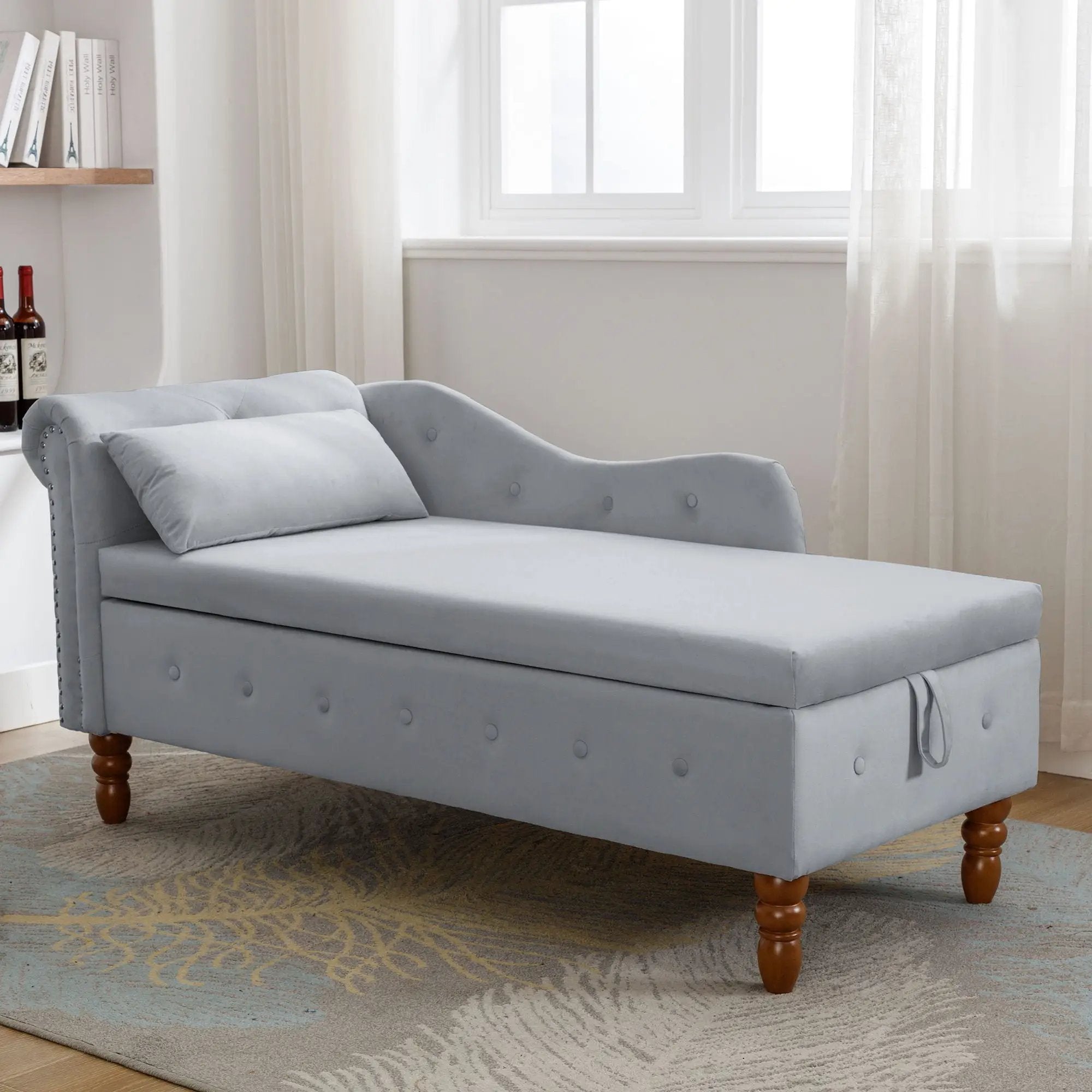 Chaise Lounge Indoor, Lounge Chair For Bedroom With Storage & Pillow, Modern Upholstered Rolled Arm Chase Lounge For Sleeping With Nailhead Trim For Living Room Bedroom Office by HouseOfZazla