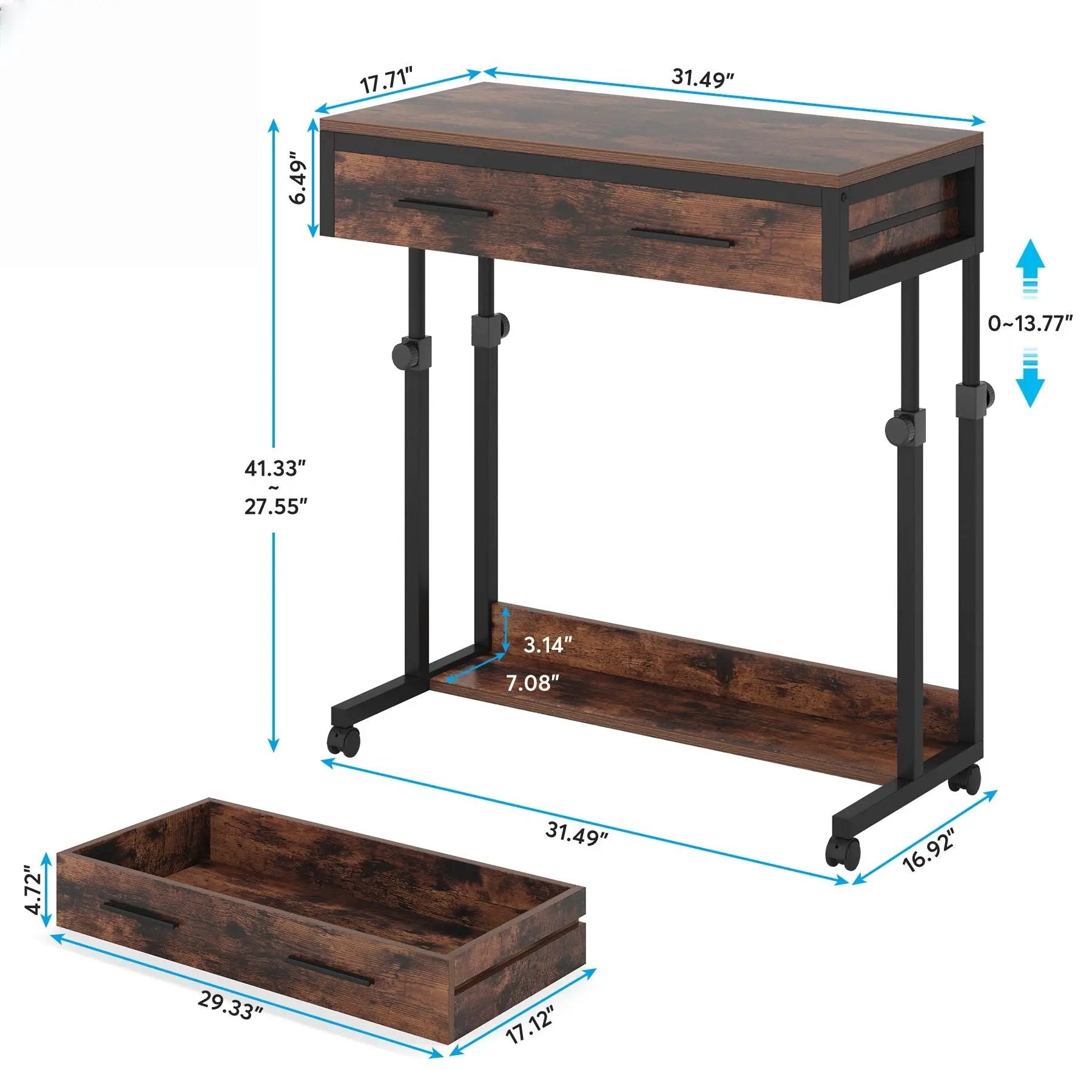 Portable Laptop Desk With Drawer & Wheels, Height Adjustable, Storage Shelf - Brown / Black by HouseOfZazla