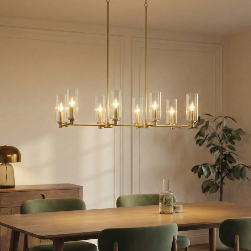 Willow - 8 Lights Island With Clear Ribbed Pendant Lamp Satin - Antique Brass / Clear / Gold by HouseOfZazla