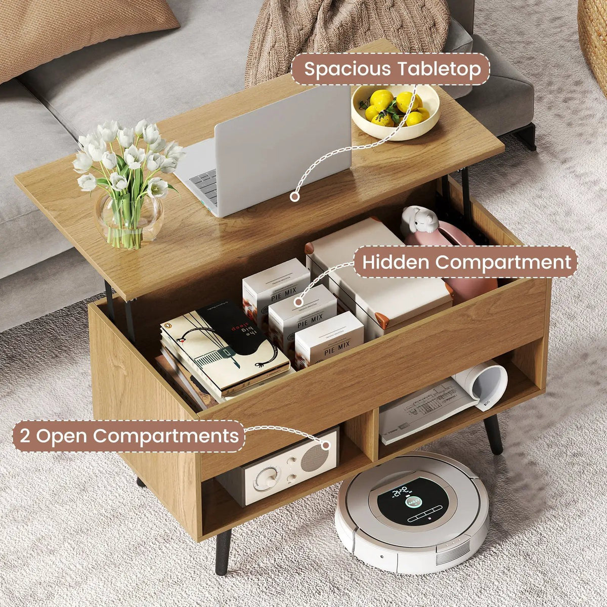 31.5 Inch Lift-Top Coffee Table with Hidden Storage and 2 Open Shelves, photo 33 of 40