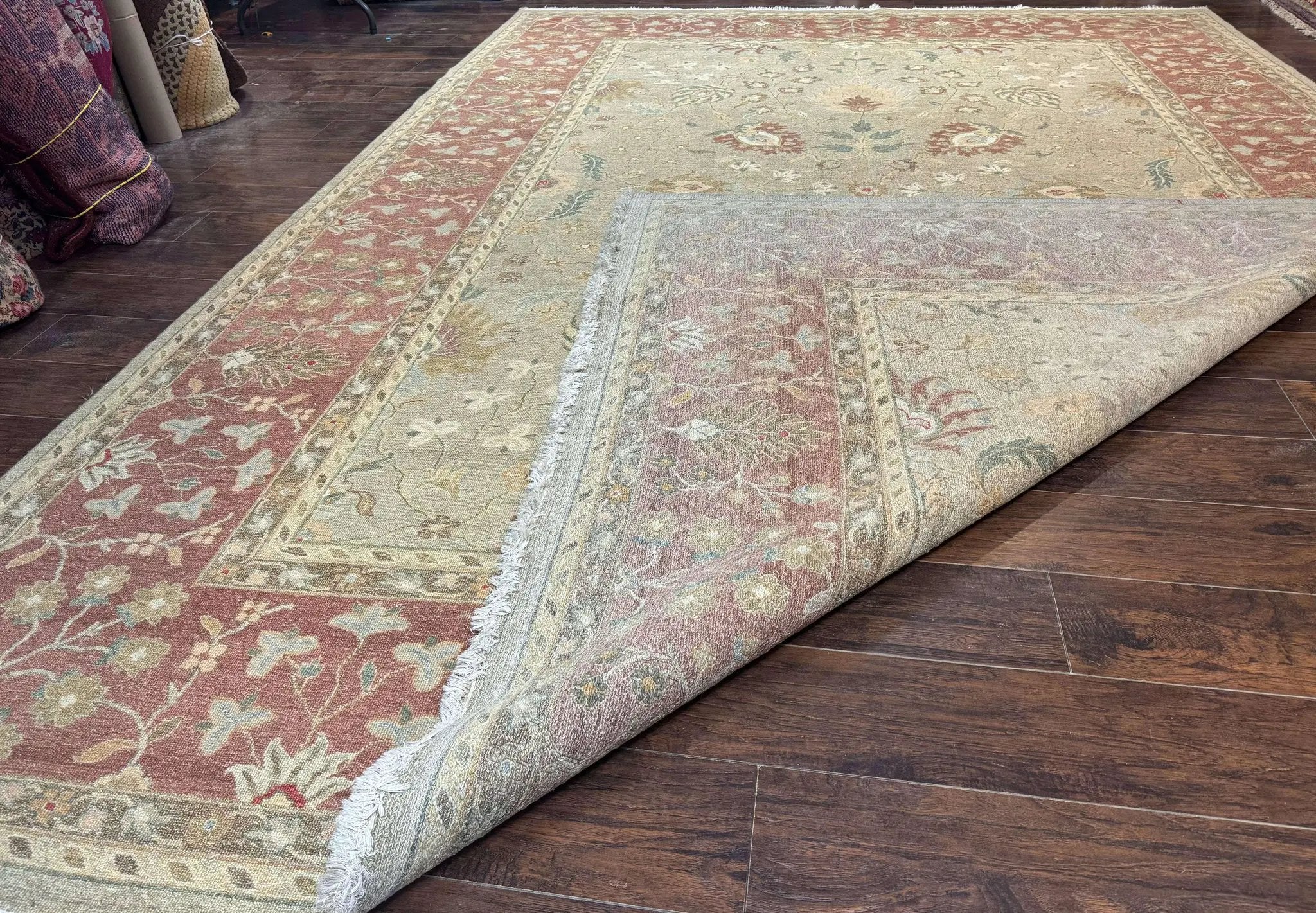 Large Turkish Soumak Rug 10x14, Flatweave Dhurrie, Handmade, Light Green and Salmon by Jewel Rugs