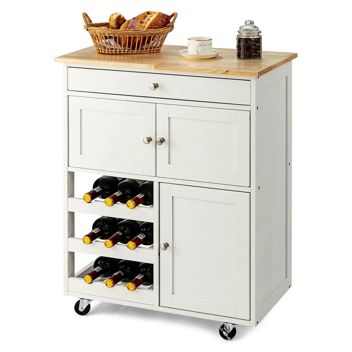 Kitchen Cart with Rubber Wood Top 3 Tier Wine Racks 2 Cabinets, photo 16 of 16