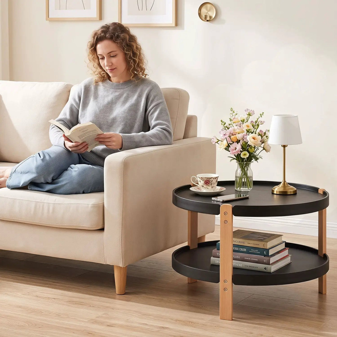 23.5" Round Coffee Table with 2-Tier Open Storage Shelf by DirectDeals