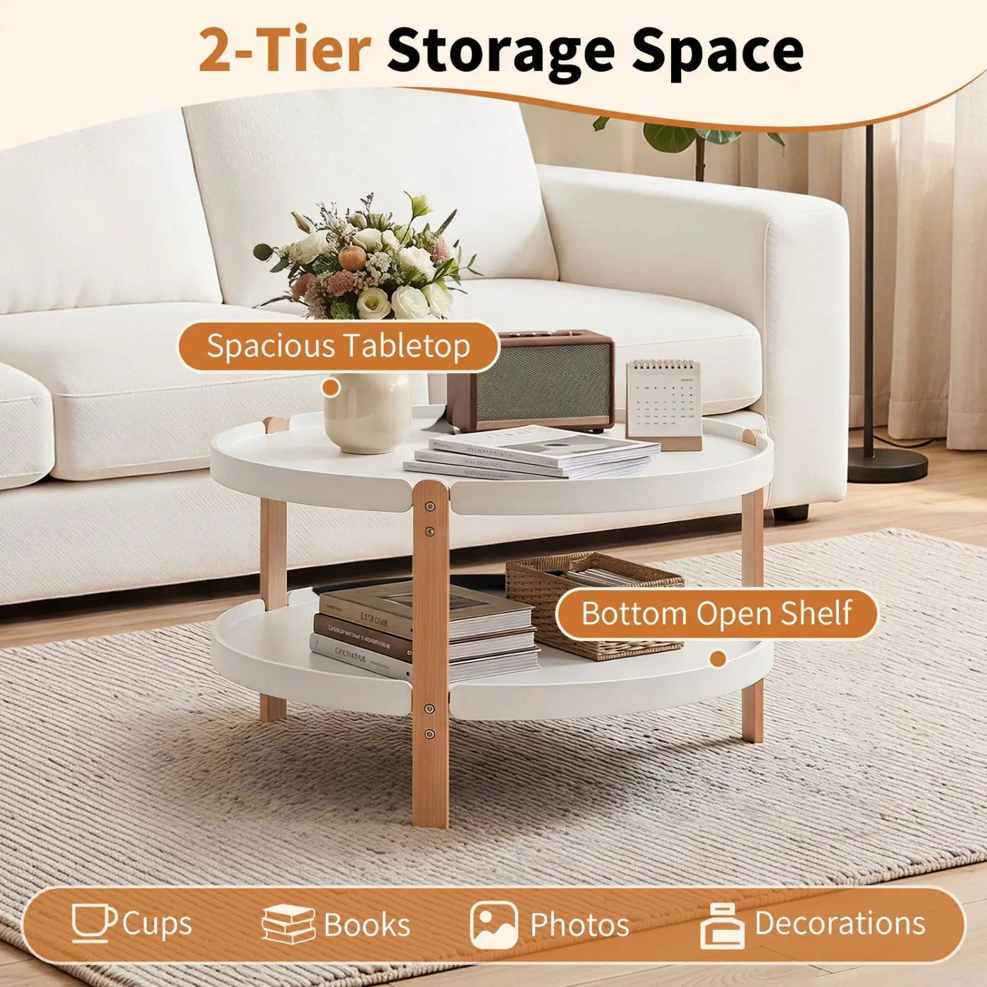 23.5" Round Coffee Table with 2-Tier Open Storage Shelf by DirectDeals