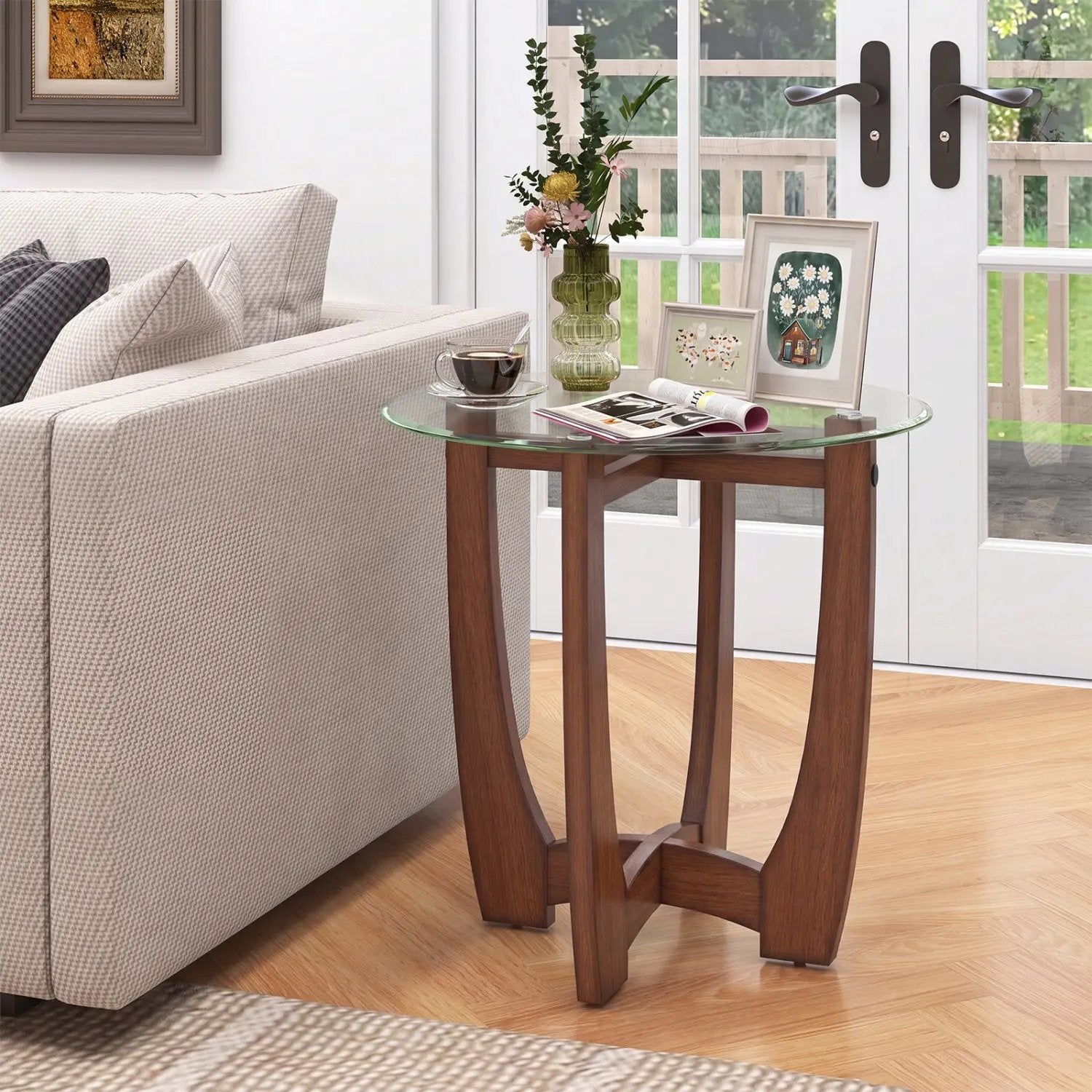 Round Glass End Table with X-Shaped Base - 23.5 Inch by DirectDeals