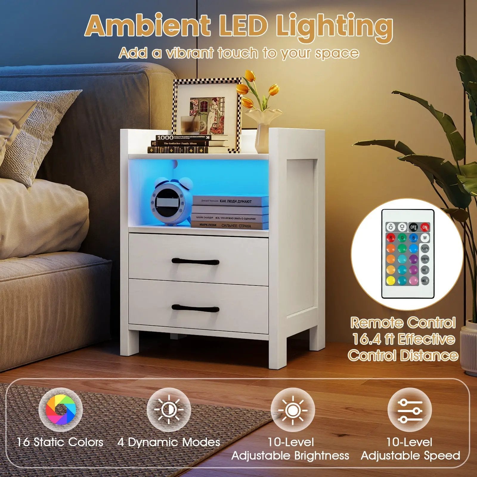 23.5 Inches Nightstand with Charging Station and Open Storage Shelf-White by DirectDeals