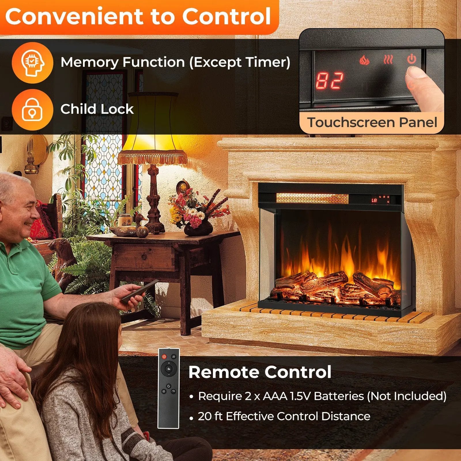 23 Inch 3-Sided Electric Fireplace 1500W Recessed Fireplace Insert-Black by DirectDeals