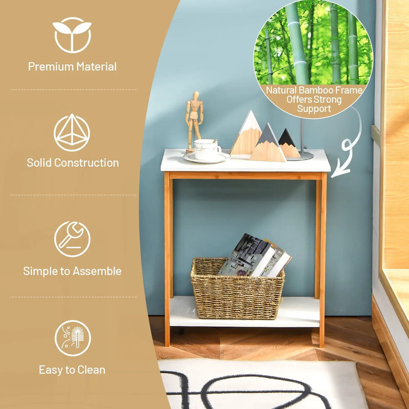 23 Inch Height 2-tier End Table with Bamboo Frame and Bottom Shelf-White by DirectDeals