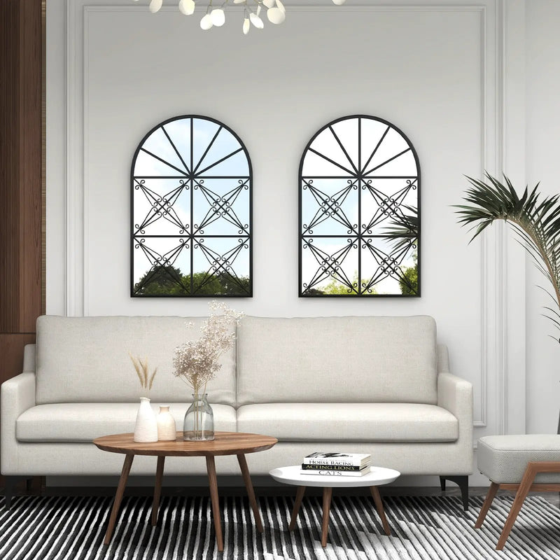 23 Inches x 34 Inches Arched Window Pane Mirror with Metal Frame for Living Room-Black by DirectDeals