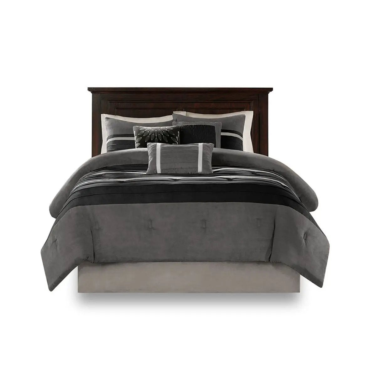7 Pc Pieced Faux Suede Comforter Set Black Queen by HouseOfZazla