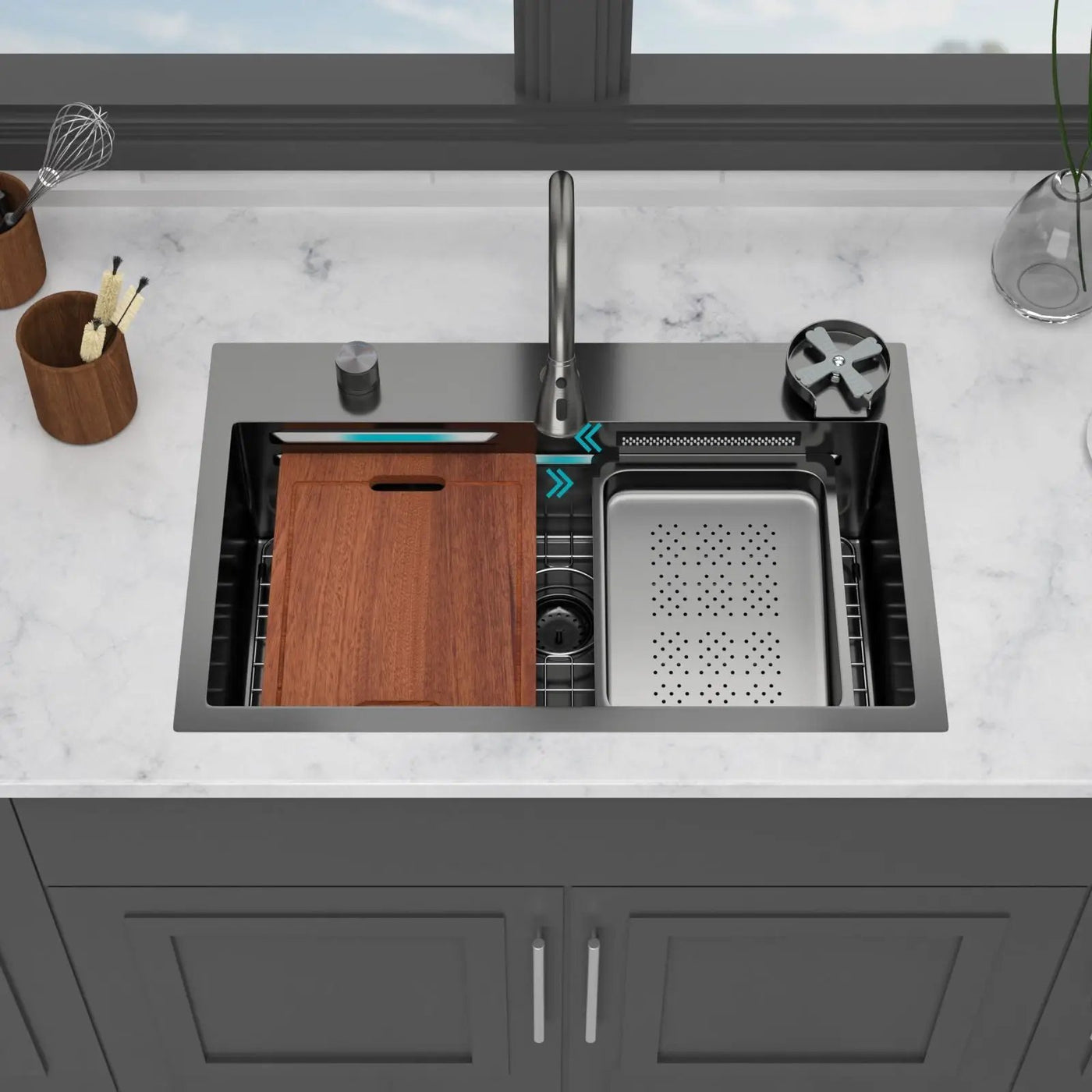 Drop In Waterfall Kitchen Sink With Pull-Out Faucet & Cup Washer by HouseOfZazla
