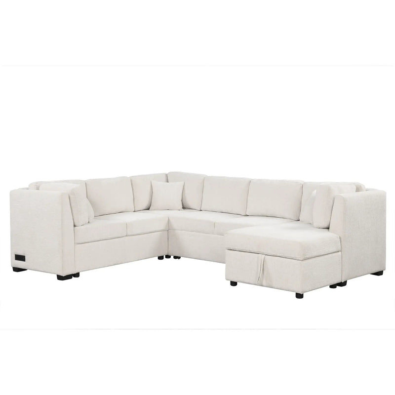 U-Shaped Sectional Sofa Pull Out Sofa Bed With Two USB Ports, Two Power Sockets, Three Back Pillows And A Storage Chaise For Living Room by HouseOfZazla