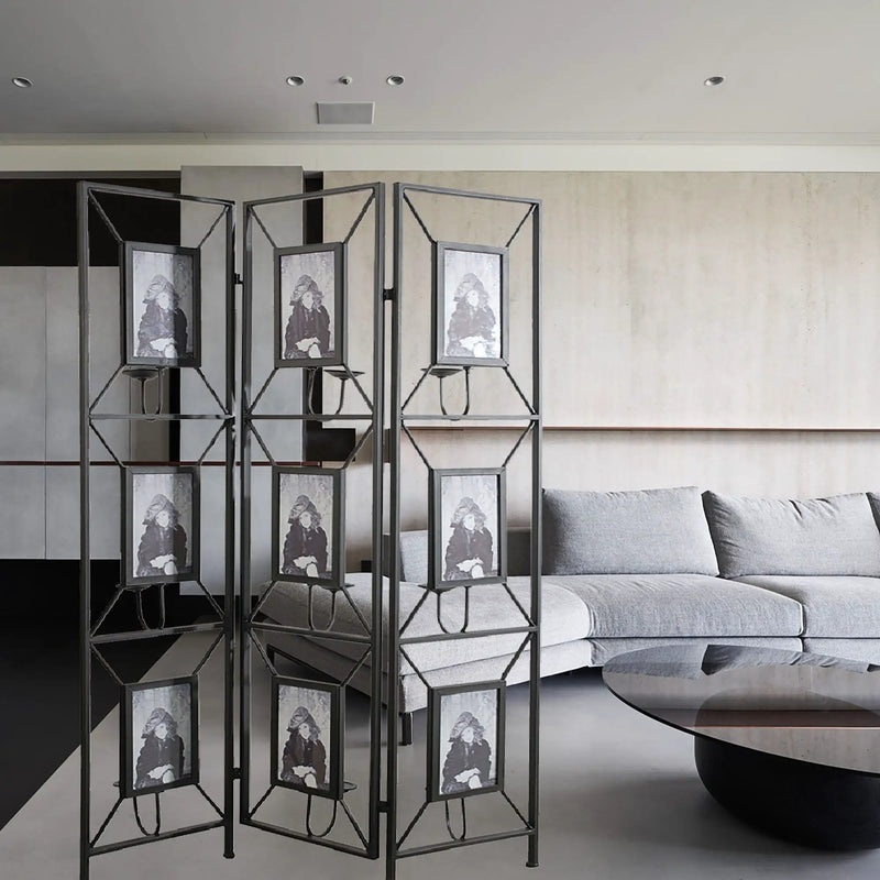 Room Photo Frames Screen Divider Screens, 3 Panel Decorative Screen With Photo Frames, Antique Mirror, Candle Stick - Black by Unique Piece Furniture