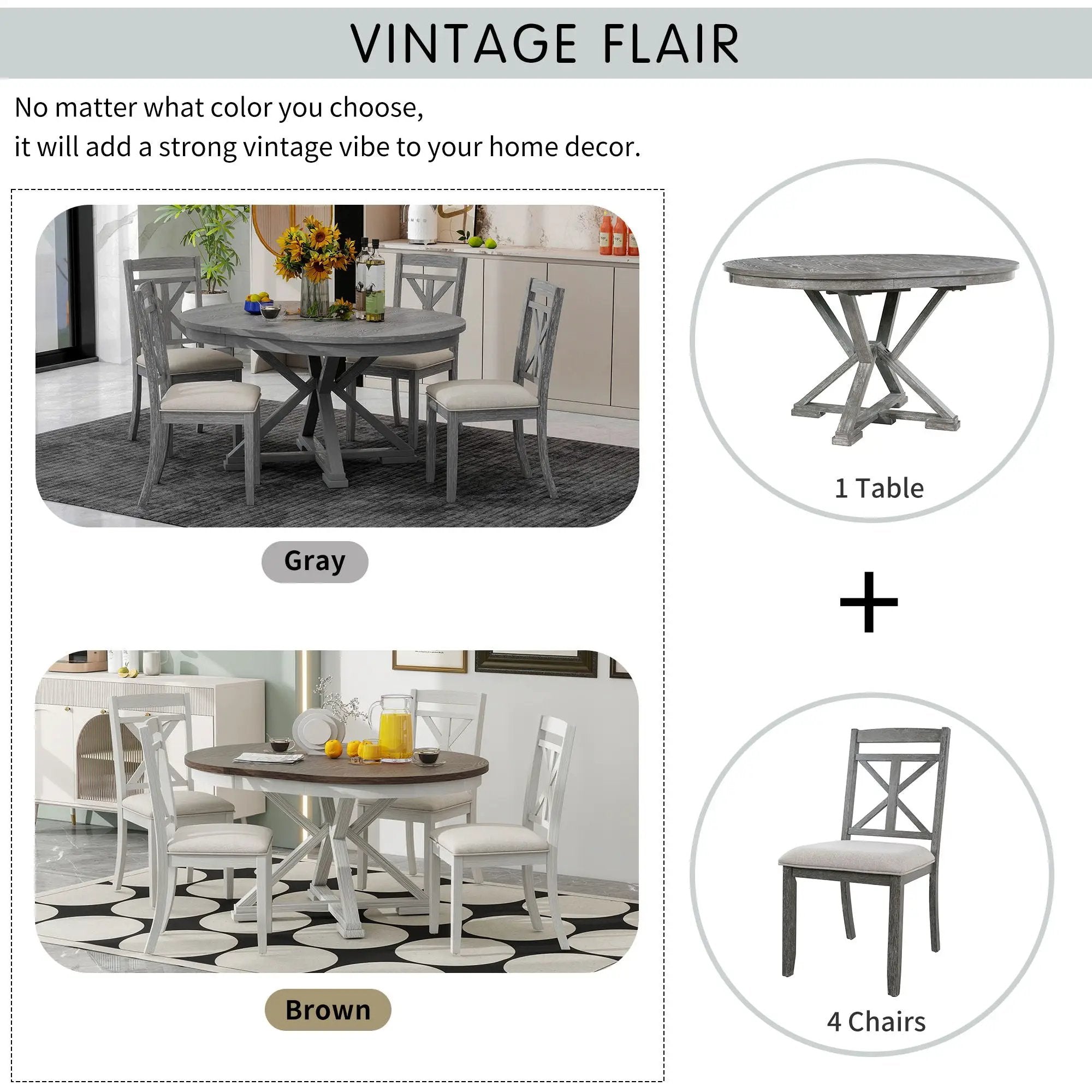 Dining Set With Extendable Round Table And 4 Upholstered Chairs